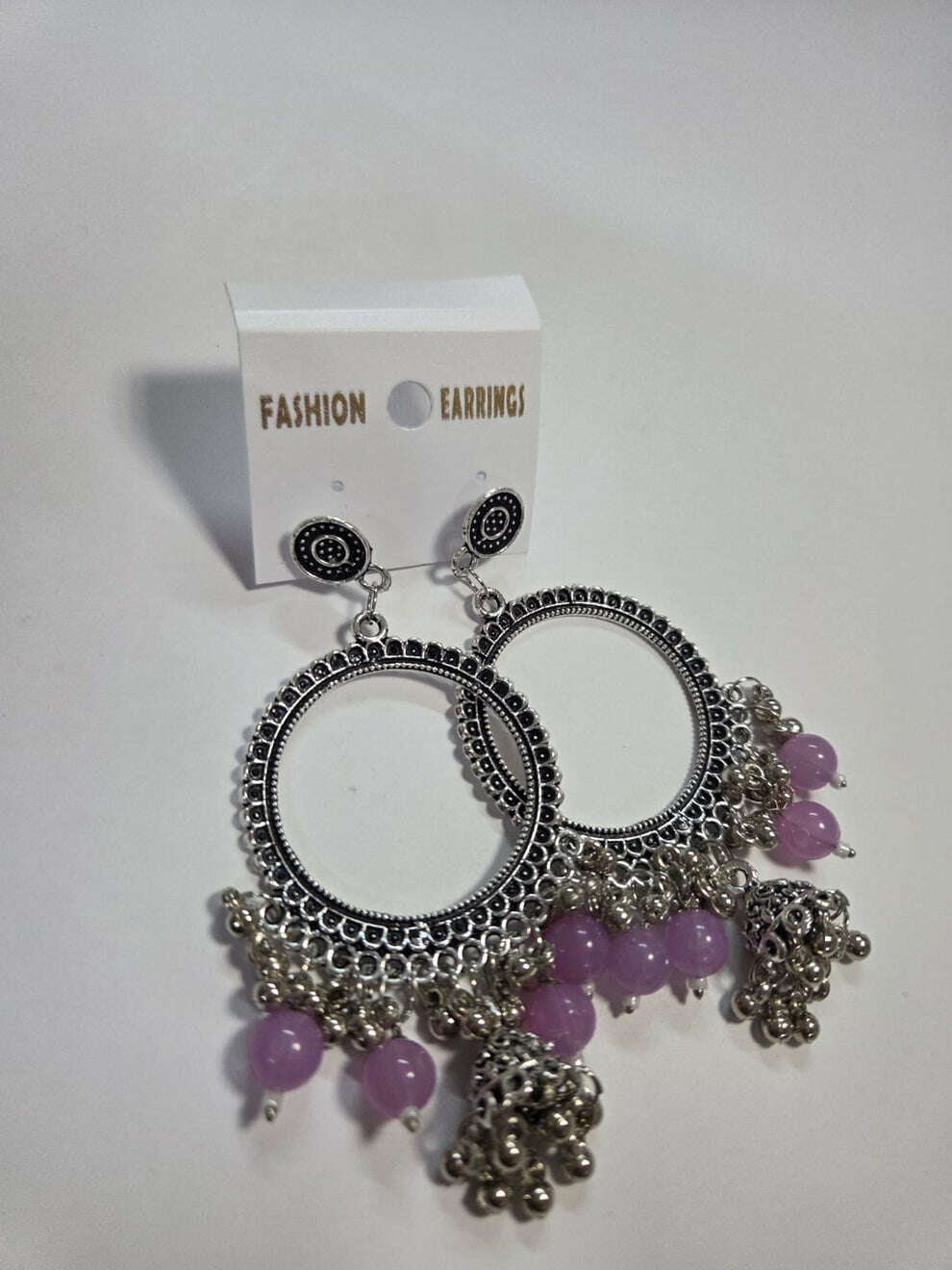 Kashmiri silver round jhumka with purple beads and fringed tassels
