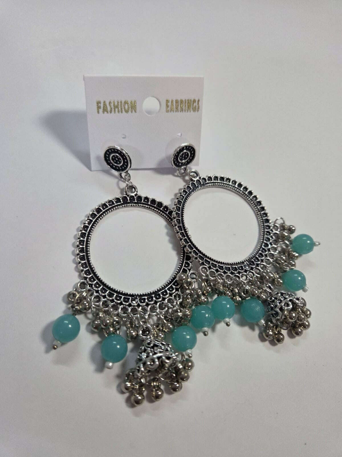 Kashmiri silver round jhumka with teal beads and dangling bell trim