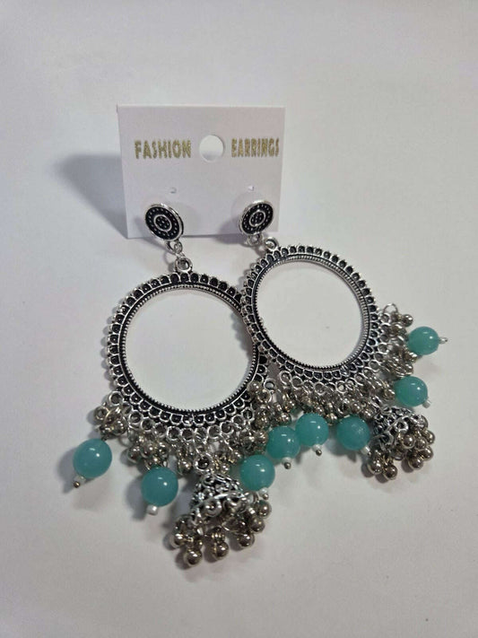Kashmiri silver round jhumka with teal beads and dangling bell trim