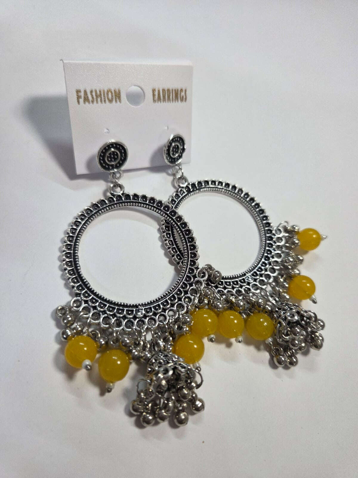 Kashmiri silver round jhumka with yellow beads and silver-toned fringe