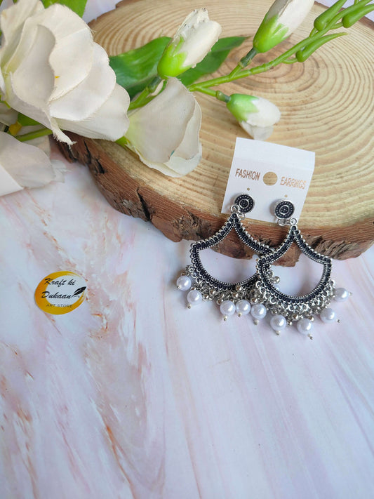 Elegant silver jhumka earrings with beads, showcasing intricate design and a stylish finish