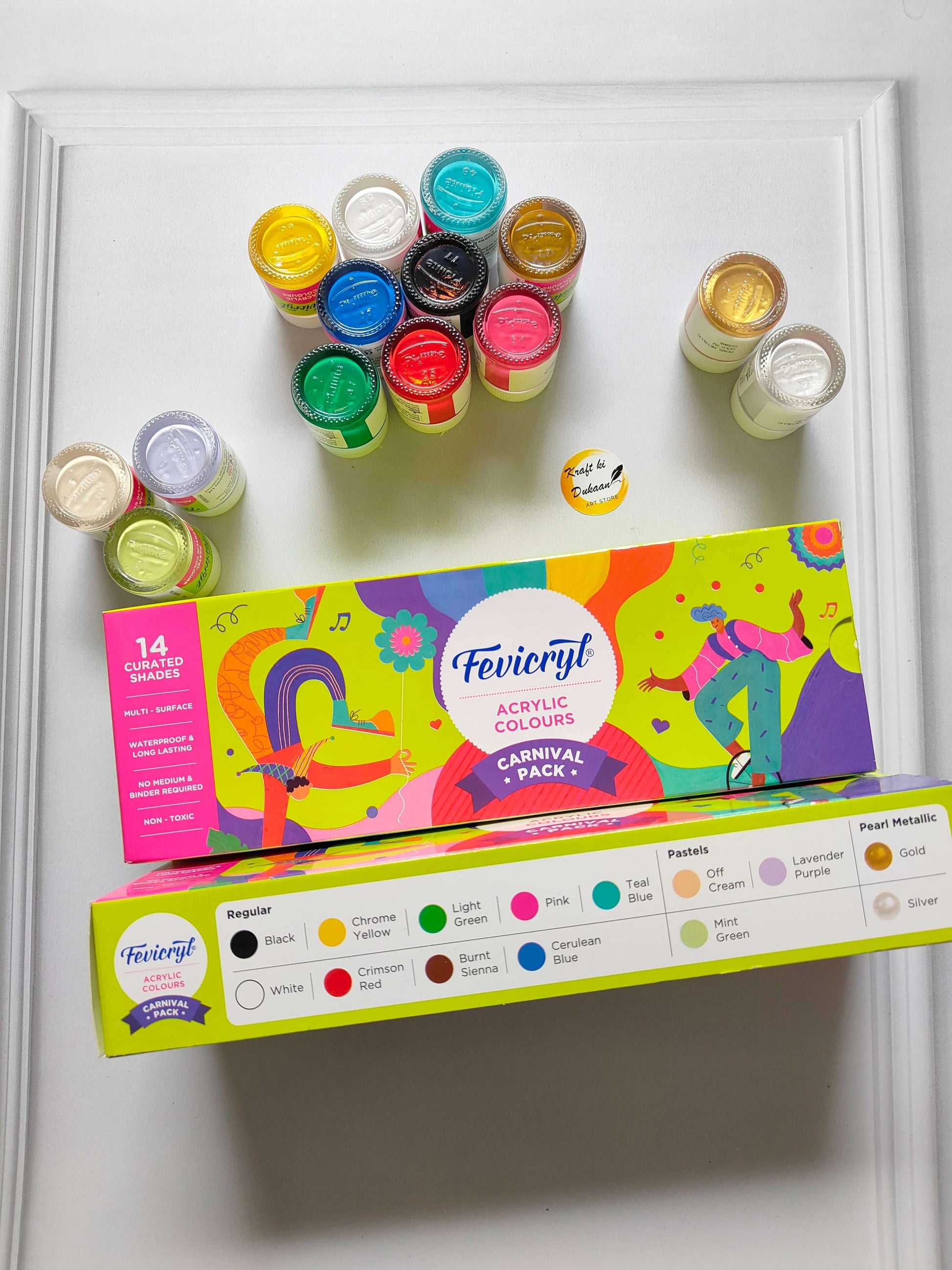 Fevicryl Carnival Acrylic Colours kit set of 14, multicolor paint jars and box