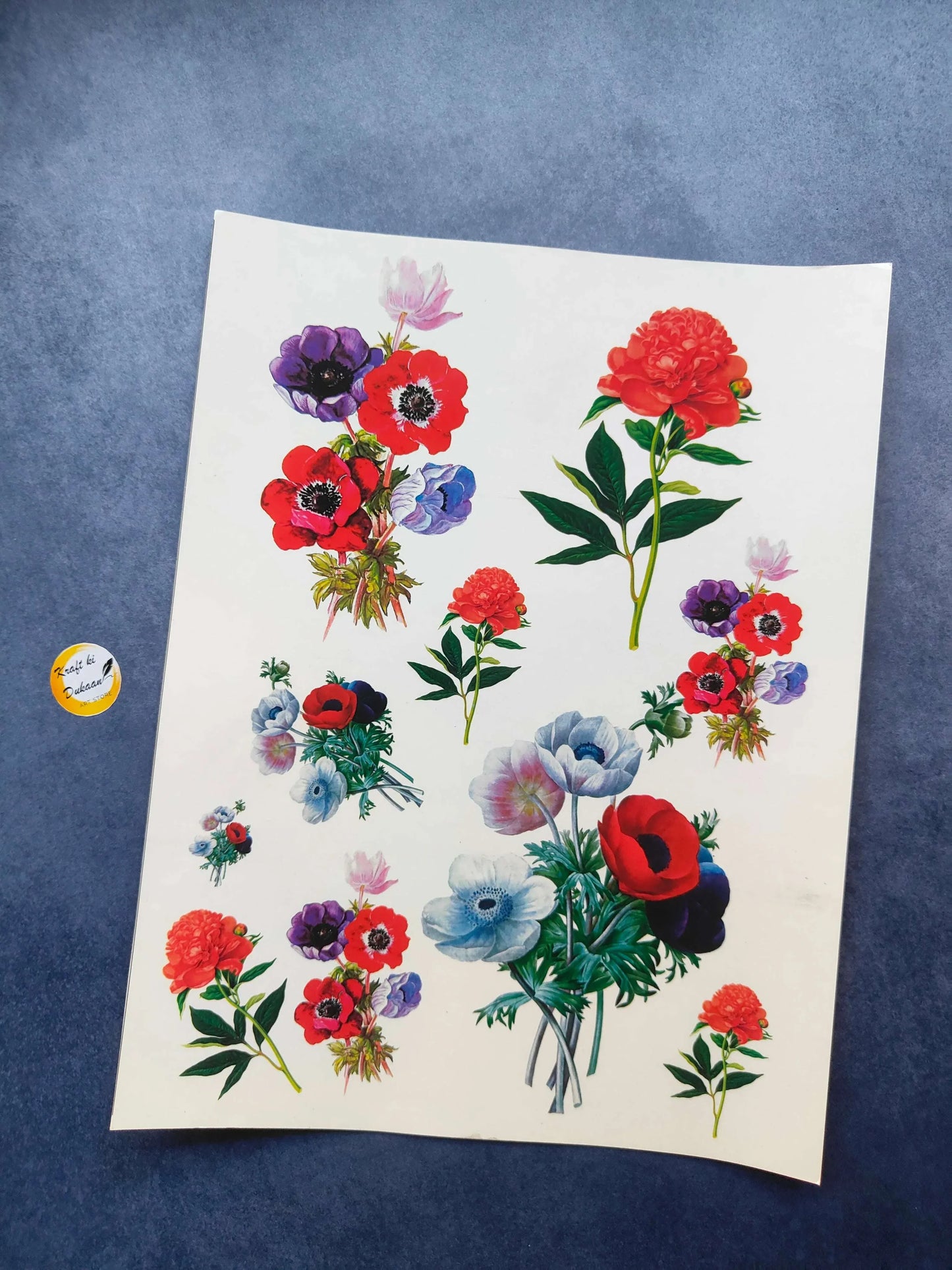 A4 floral colour sticker sheet with red, purple, blue and black flowers