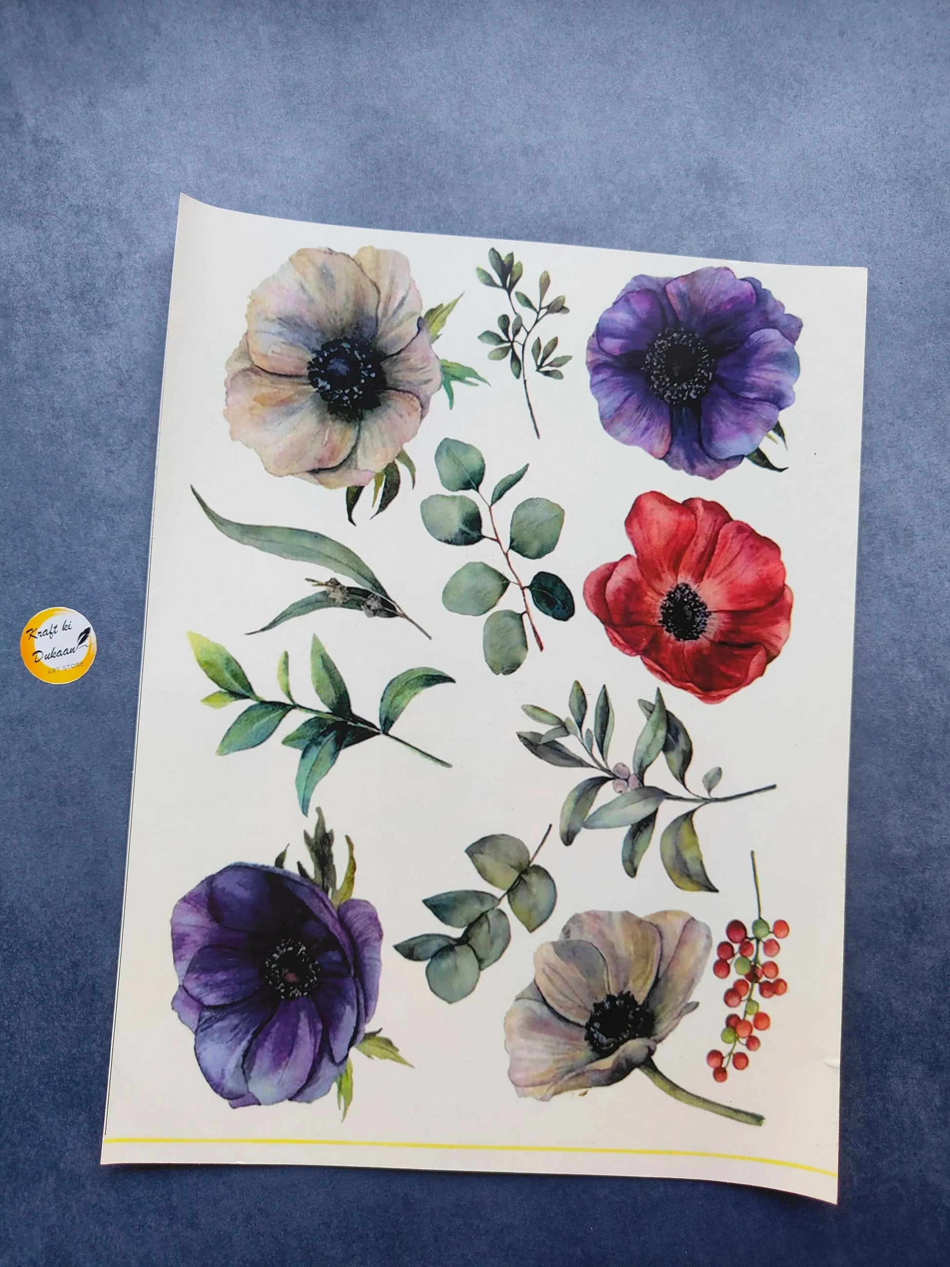 A4 Colour Sticker Sheet A16 with colorful flower and leaf stickers (purple, red, beige)