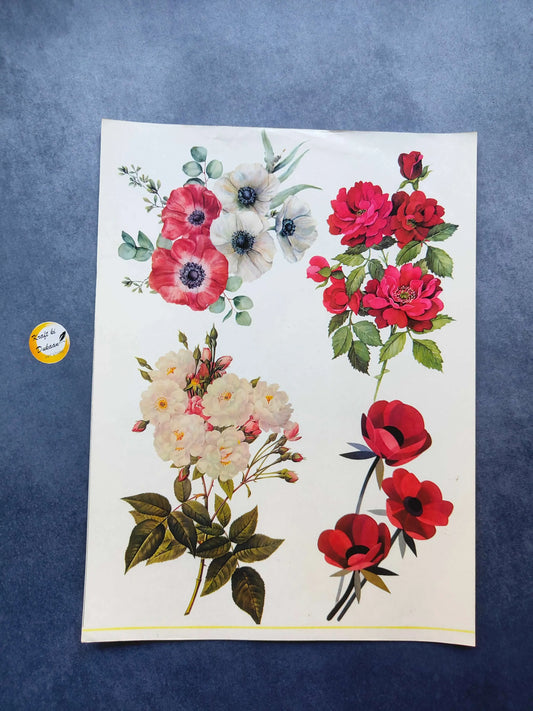 A13 A4 Stickerbogen mit bunten Blumenmotiven: rot, pink, weiß und blau