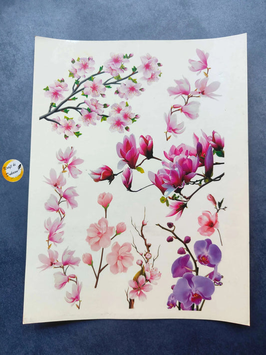 A4 colour sticker sheet with pink and purple flower blossoms and branches