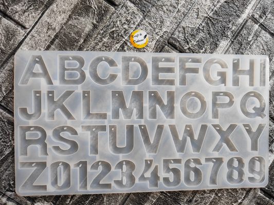 Front alphabet hole mold for resin art featuring letters A to Z and numbers 0 to 9 in clear silicone