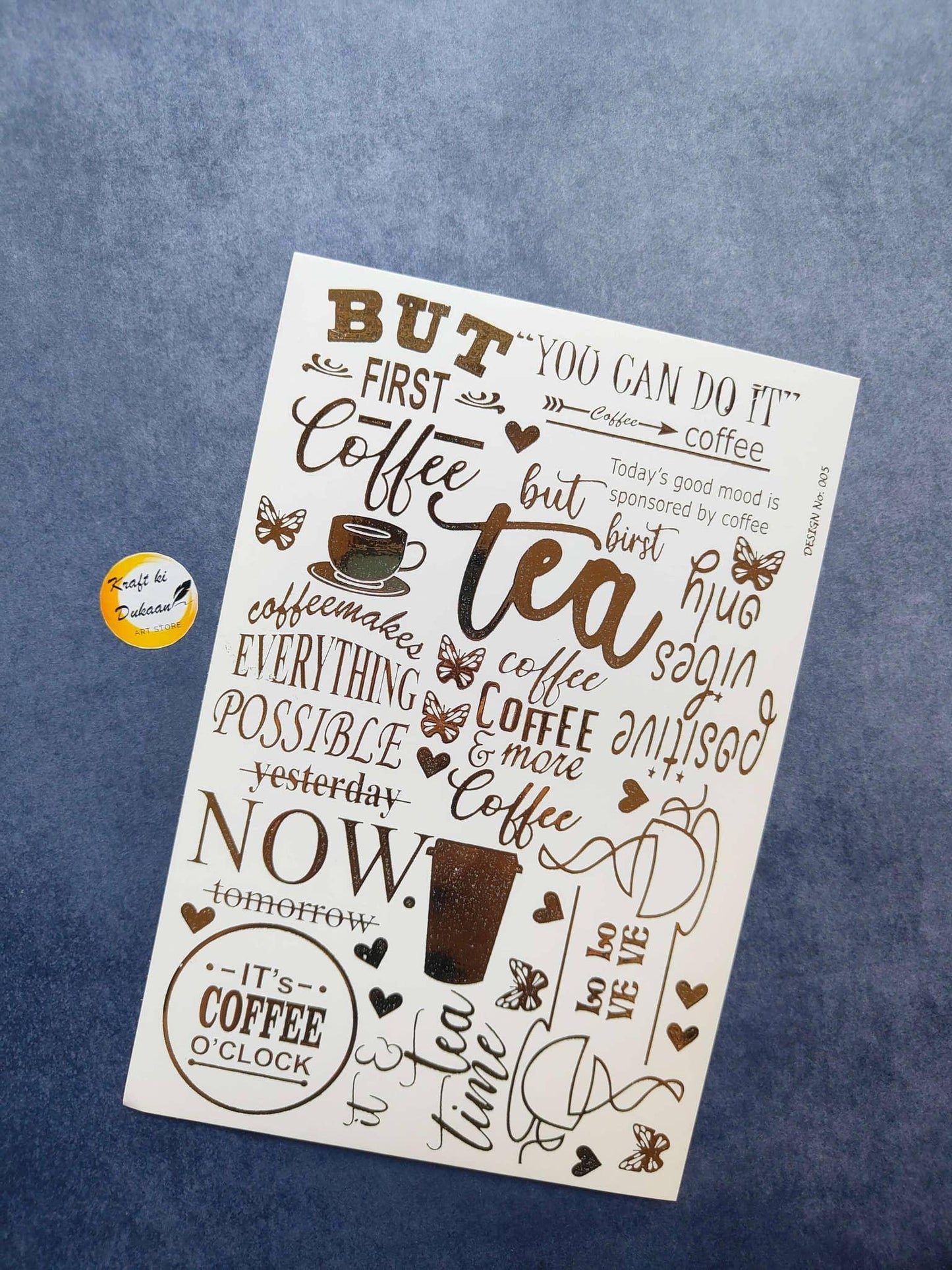 A5 gold embossed coffee quote sticker sheet with cups, hearts, butterflies