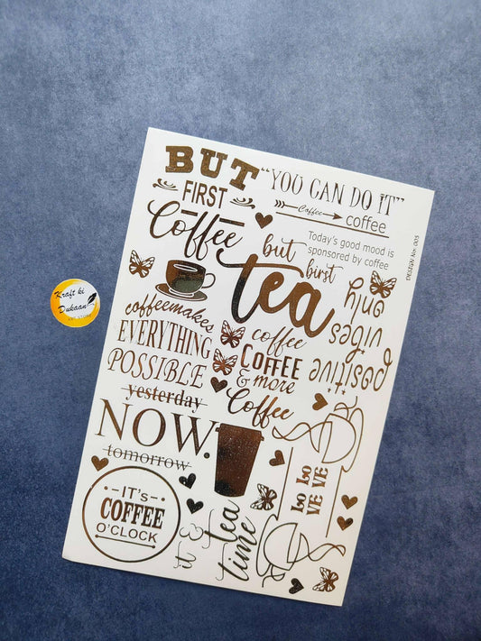 A5 gold embossed coffee quote sticker sheet with cups, hearts, butterflies