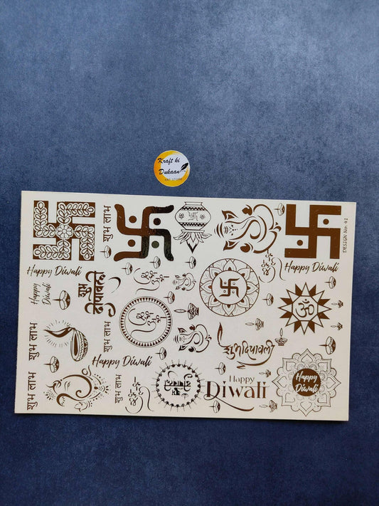 A5 gold embossed Diwali sticker sheet with ornate icons and “Happy Diwali” text