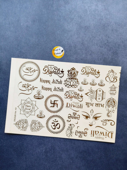 A5 Gold embossed Diwali sticker sheet with om and lamps designs