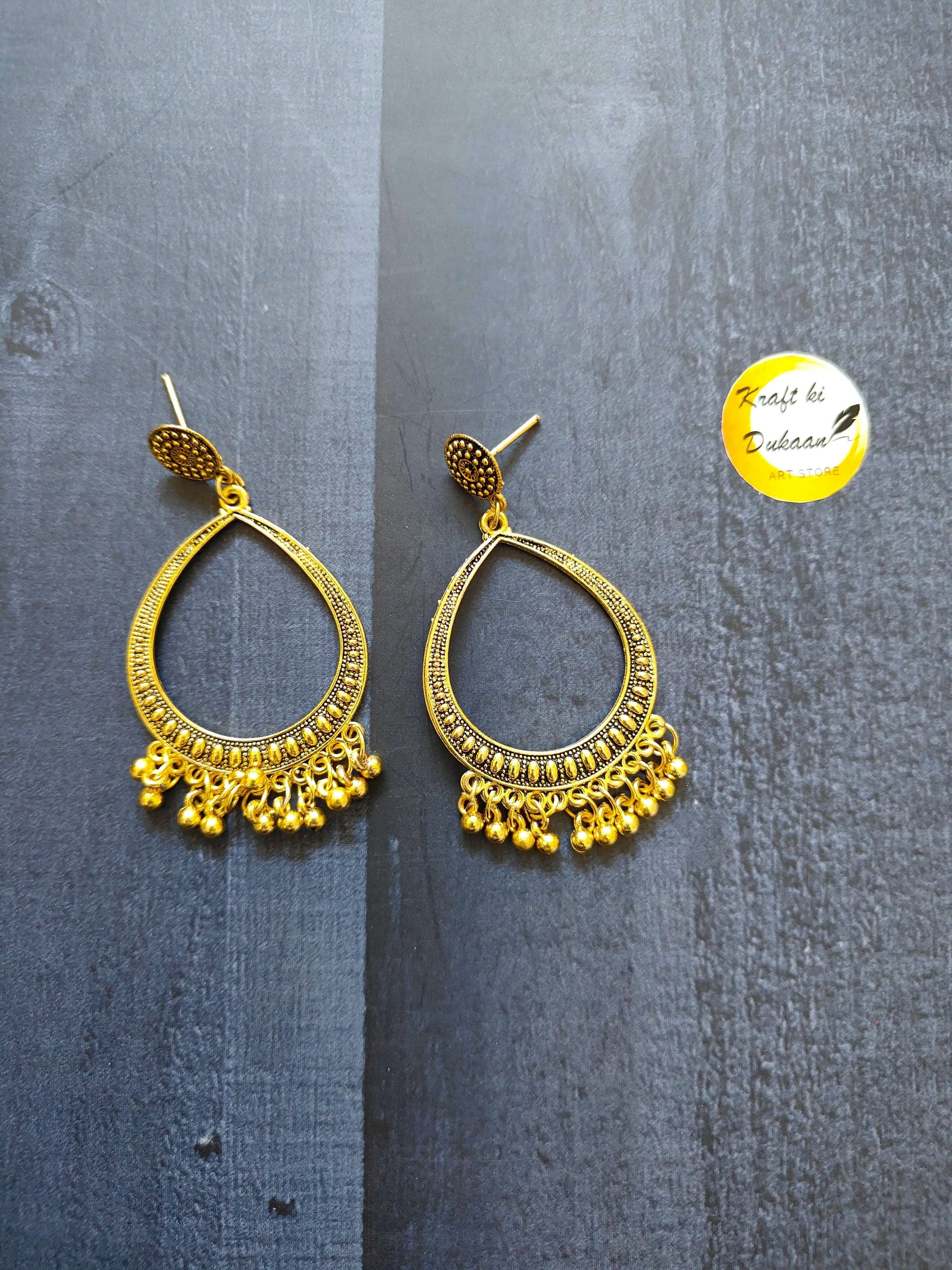 Golden jhumka drop earrings, teardrop filigree with fringe detailing, no bead drops (D9)