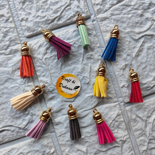 Colorful Gold Leather Tassel Charms in various hues for crafting and DIY projects