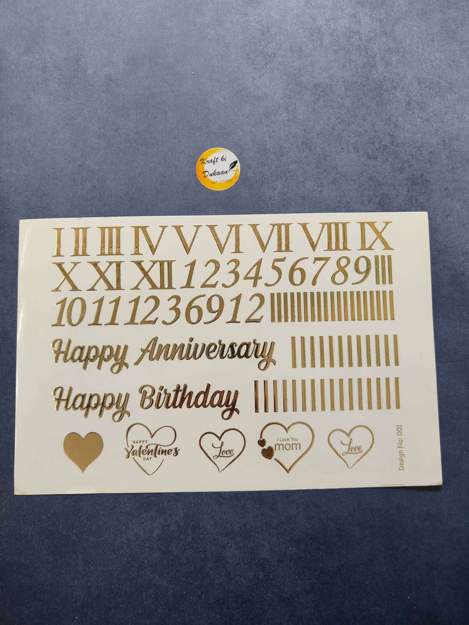 A5 Gold embossed sticker sheet with roman numerals, numbers, “Happy Anniversary/Birthday” and hearts