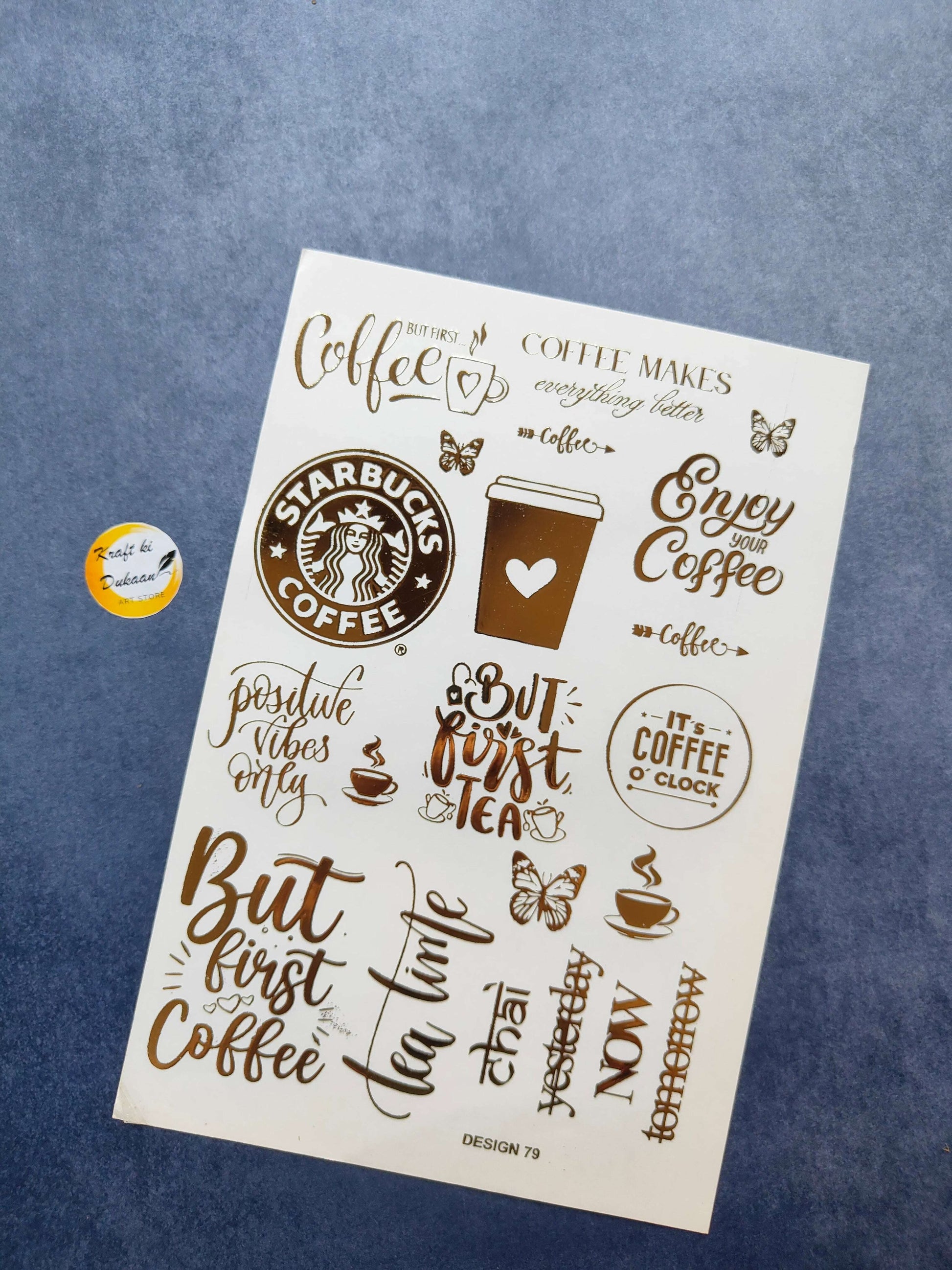 Gold metal sticker sheet for crafts featuring coffee-themed designs and inspirational quotes