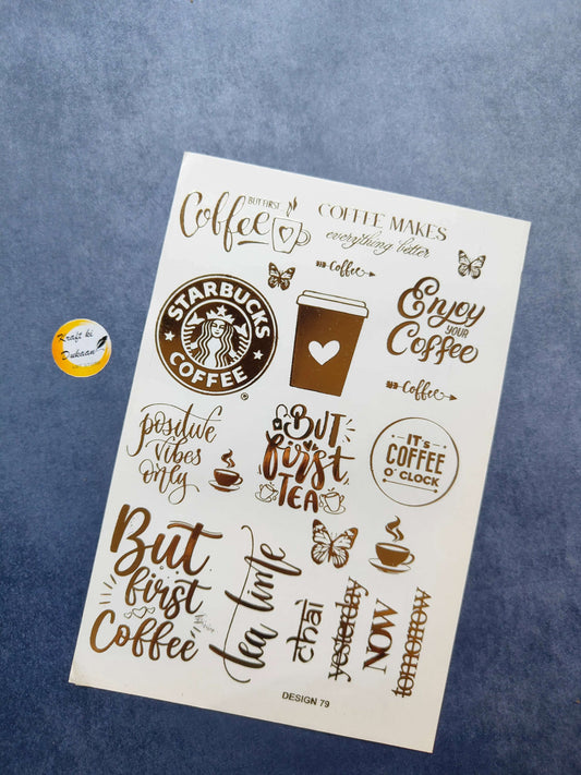 Gold metal sticker sheet for crafts featuring coffee-themed designs and inspirational quotes