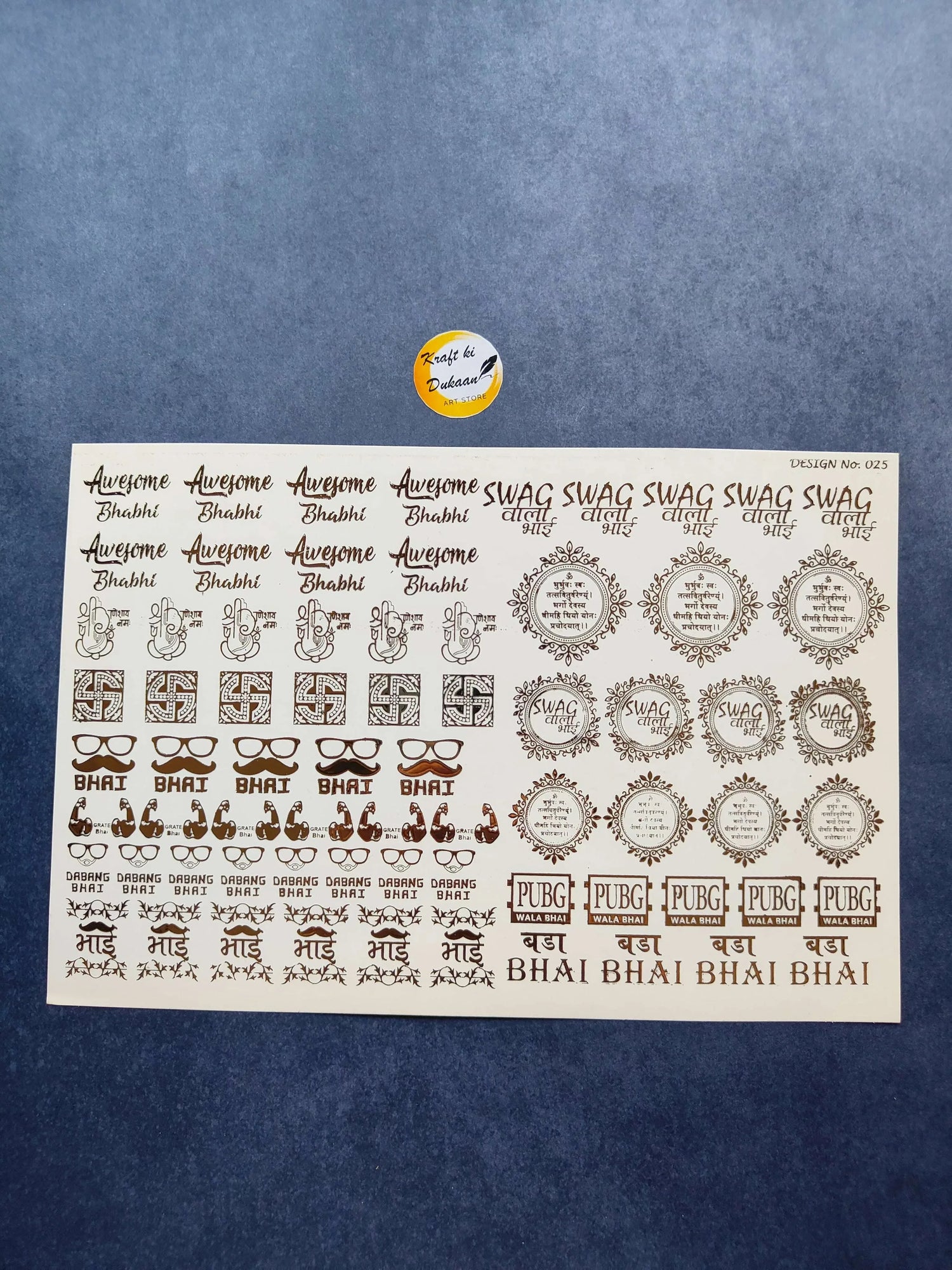 A5 gold embossed sticker sheet with assorted 'Bhai' and 'SWAG' designs