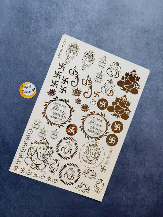 A5 Gold embossed sticker sheet with decorative Ganesha and floral motifs