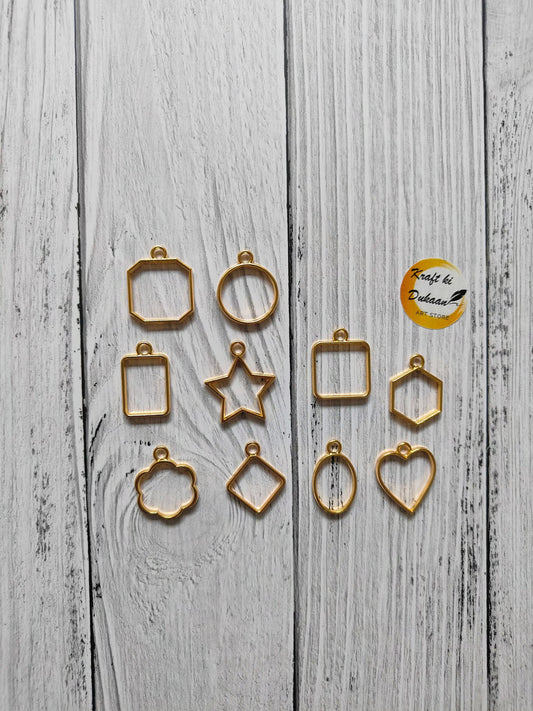 Gold plain bezel small pendant mix set, octagon, heart, star, square, heart and flower shapes