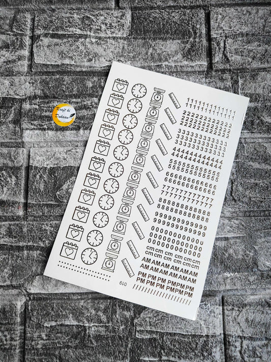 A5 gold embossed sticker sheet: clocks, hearts, rulers, numbers, cm scale