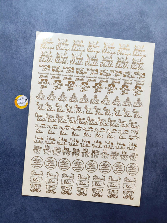 A4 gold embossed sticker sheet with circular badges and patterned typography designs