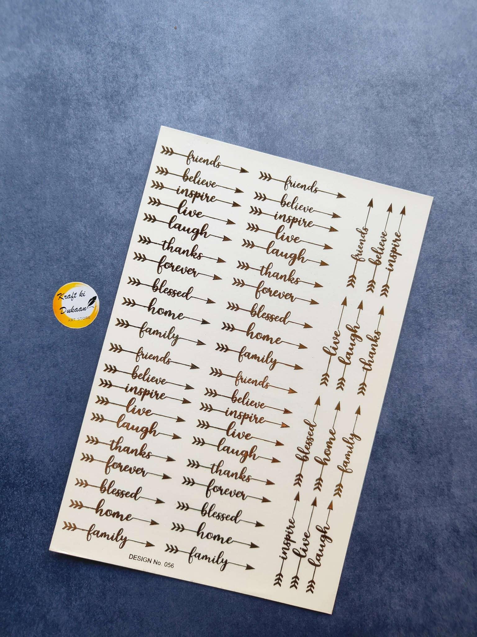 A5 gold embossed sticker sheet with motivational arrow and phrase designs