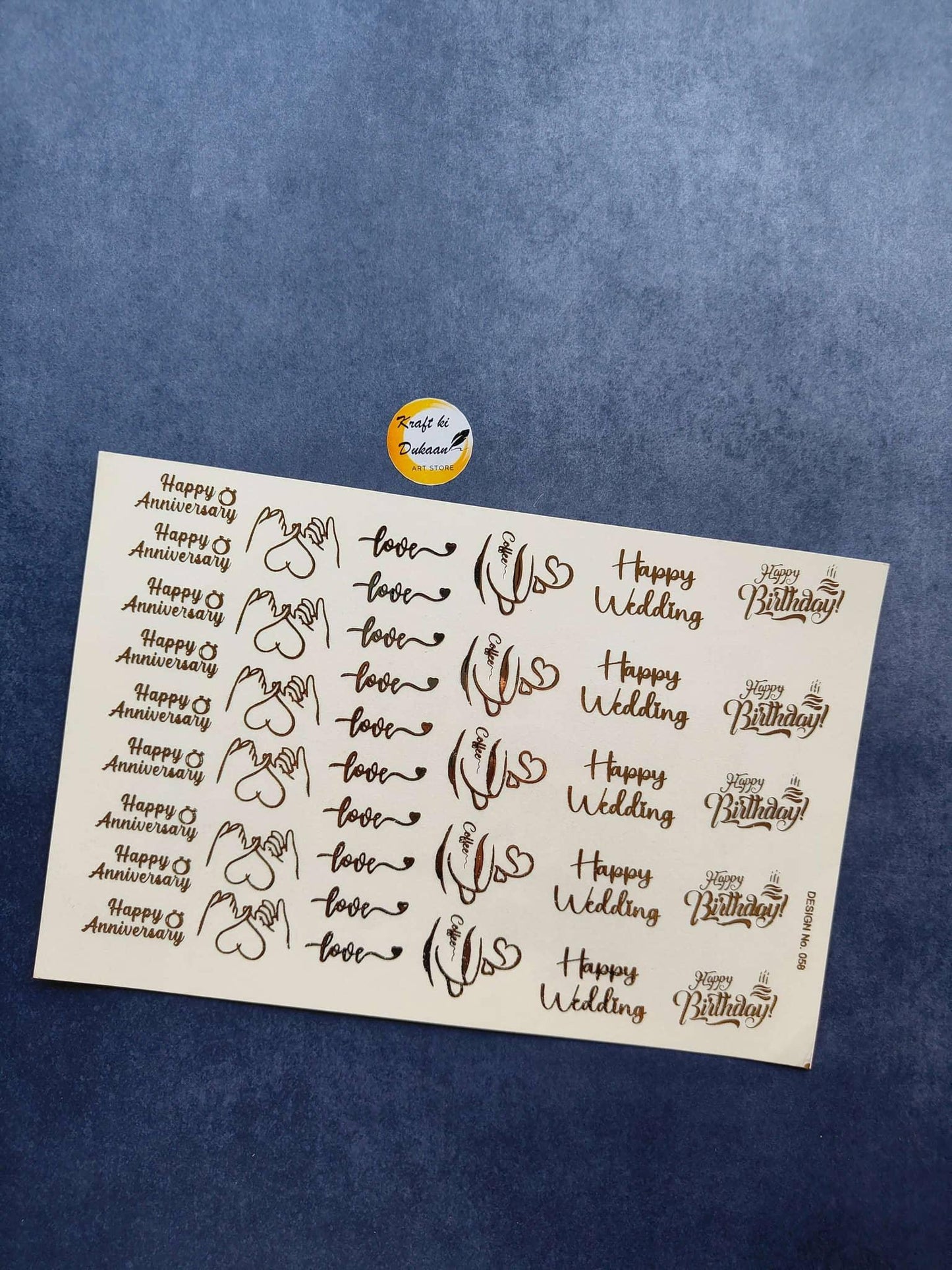 A5 gold embossed sticker sheet with Happy Anniversary/Wedding text, hearts and love icons