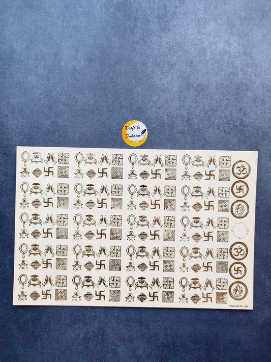 A5 gold embossed sticker sheet with small decorative icons and symbols