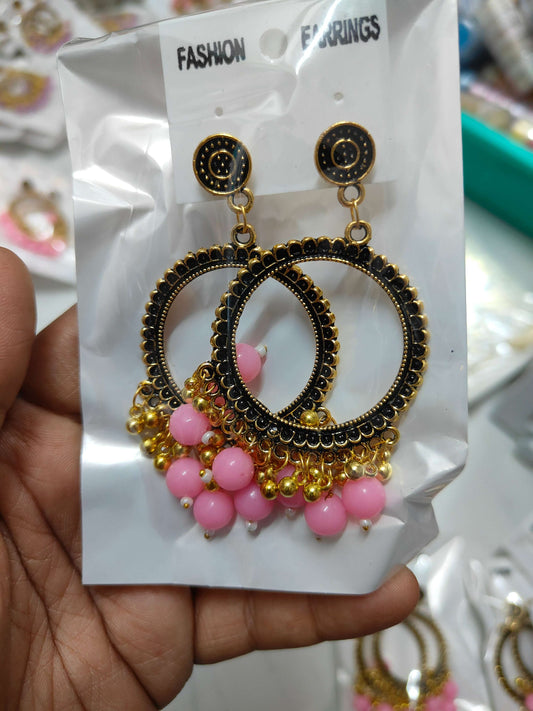 golden-jhumka-earrings-with-beads-pink-beads