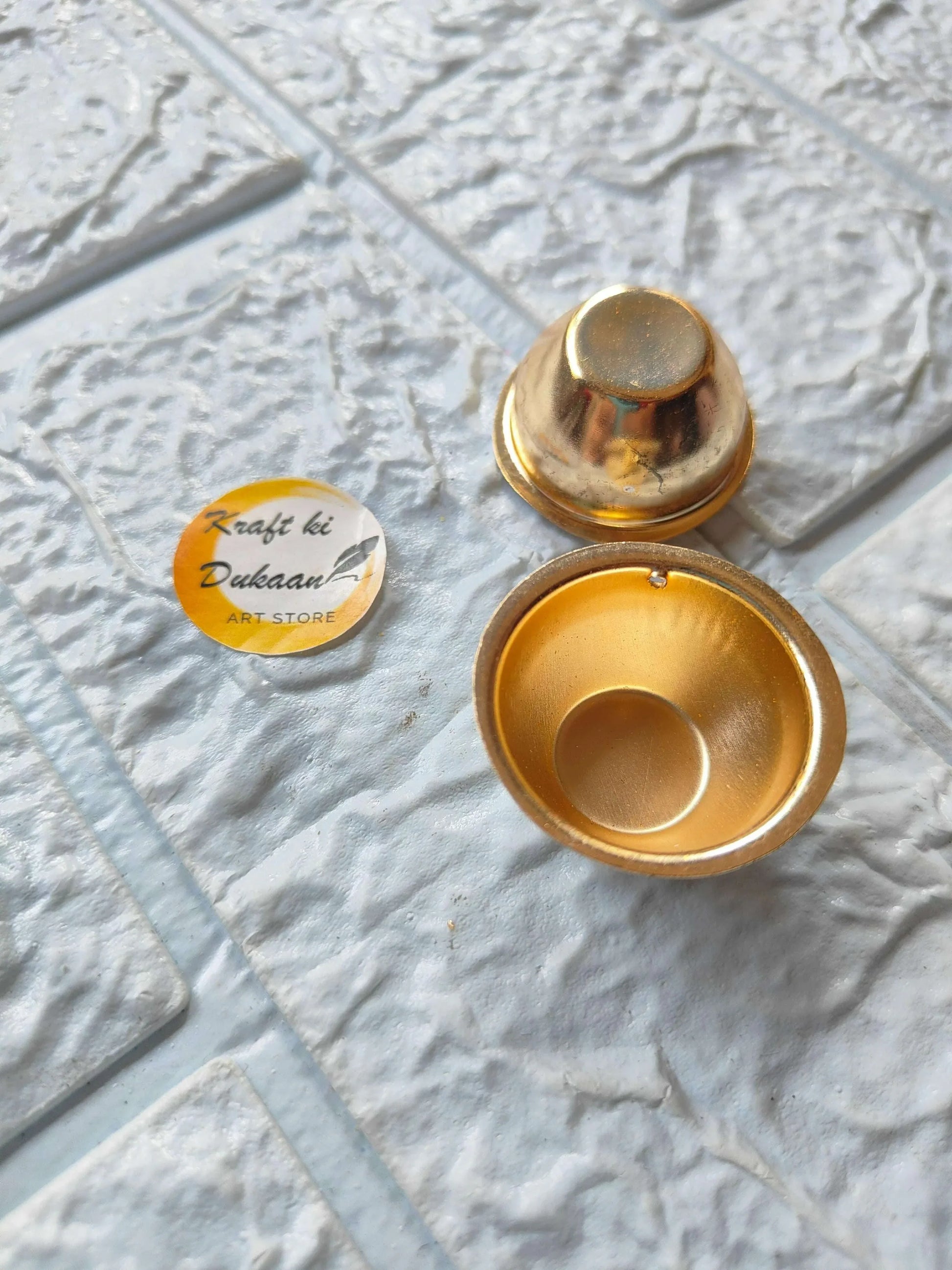 Golden metal katori with lid and inner shallow cup, 2.5cm round
