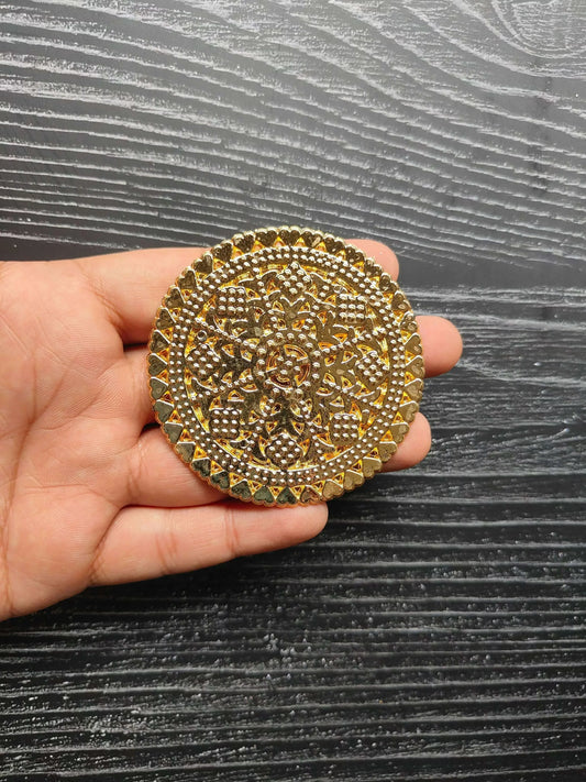 Single golden round t-light plate, jeweled border and detailed mandala-style design