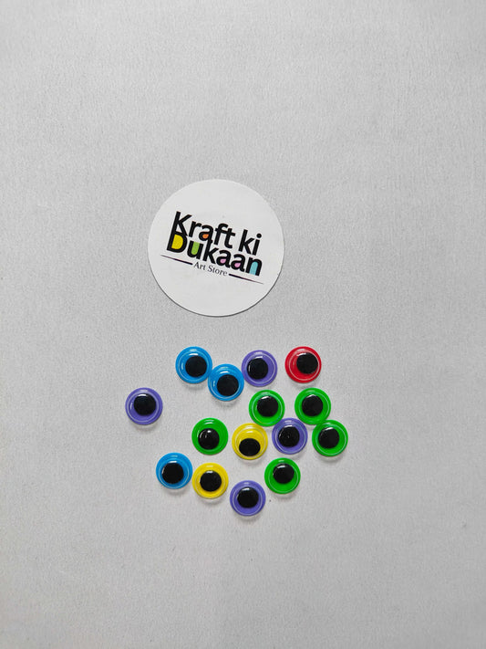 Colored 10mm round googly eyes with black pupils; assorted colors, pack of 70