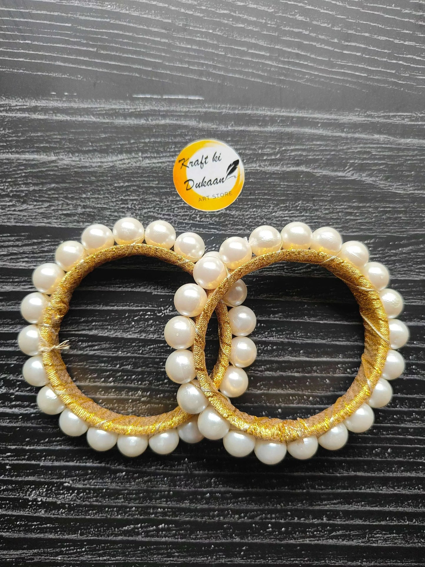 Round gota pearl ring with gold thread and white bead halo