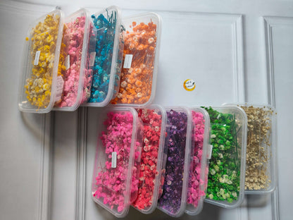 Gypsy Flower Box assortment in clear cases: yellow, pink, teal, orange, purple, green and more