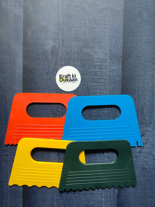 4-piece plastic paint scrapers set in orange, blue, yellow, and dark green
