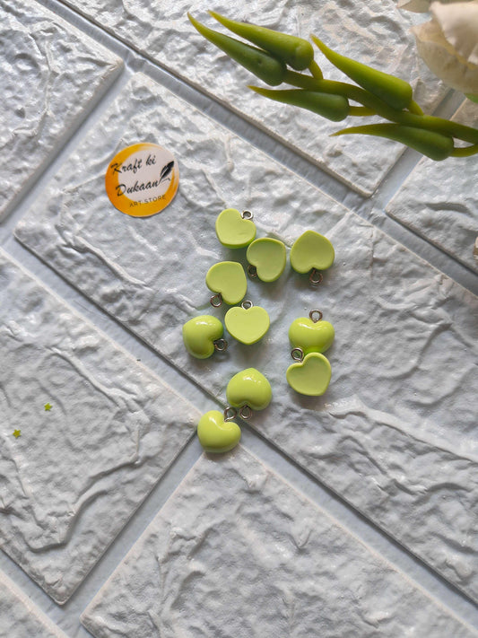Heart charm pendants set: 10 green hearts with metal loops