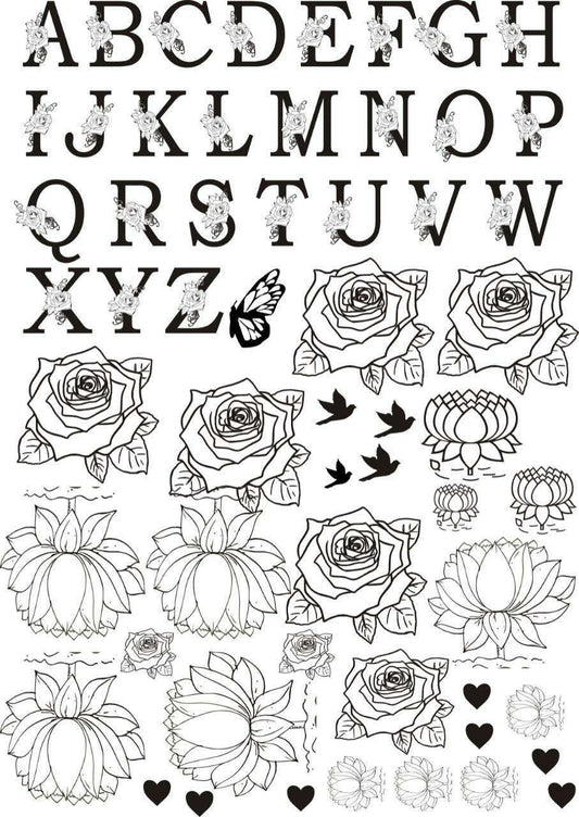 A4 Insert sheet B18: alphabet letters with roses, flowers, hearts, butterflies (line art)