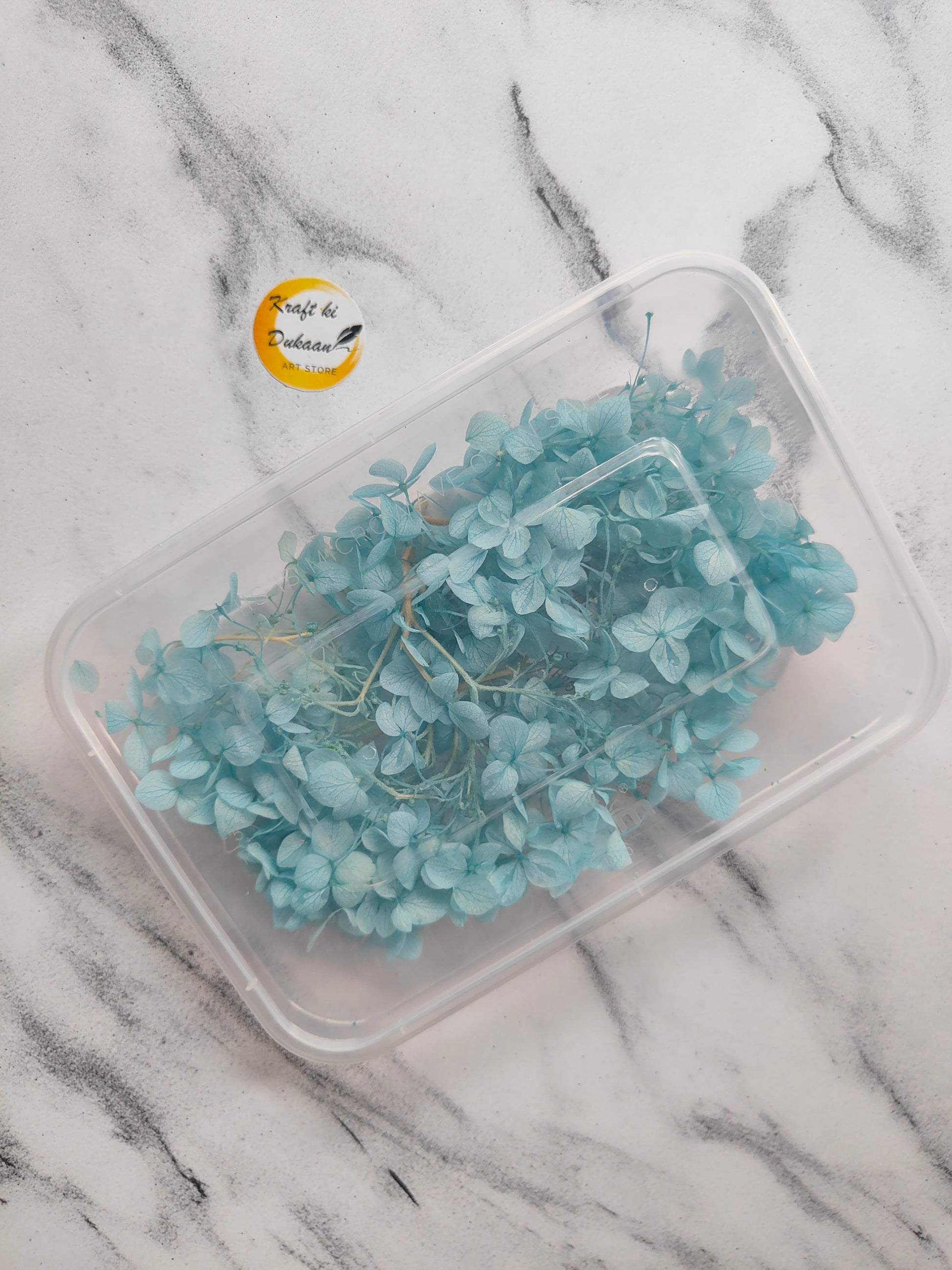 Blue hydrangea dry flowers for resin art in a clear container for crafting projects