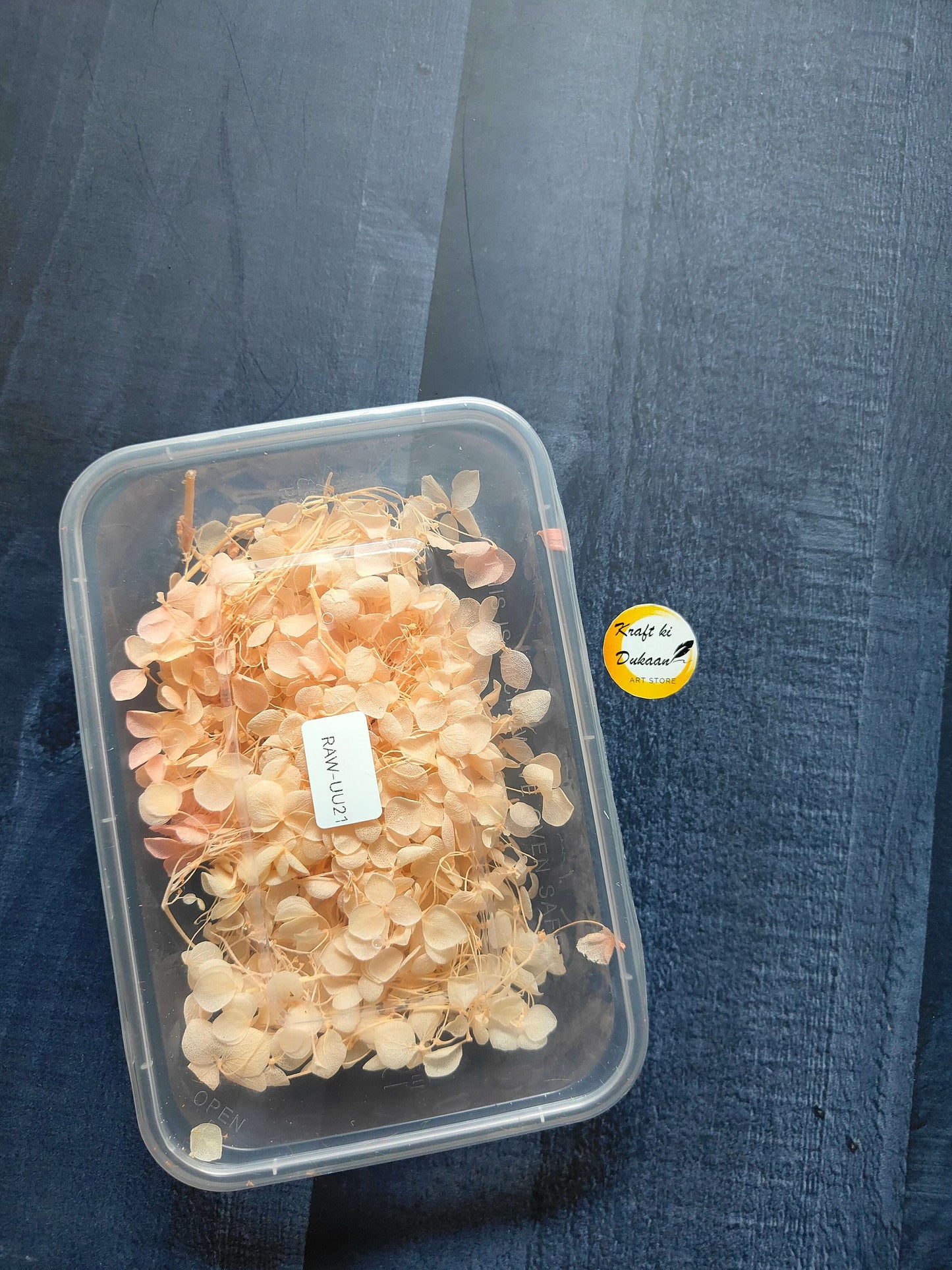 Hydrangea flower box with beige hydrangea blooms in a clear plastic container