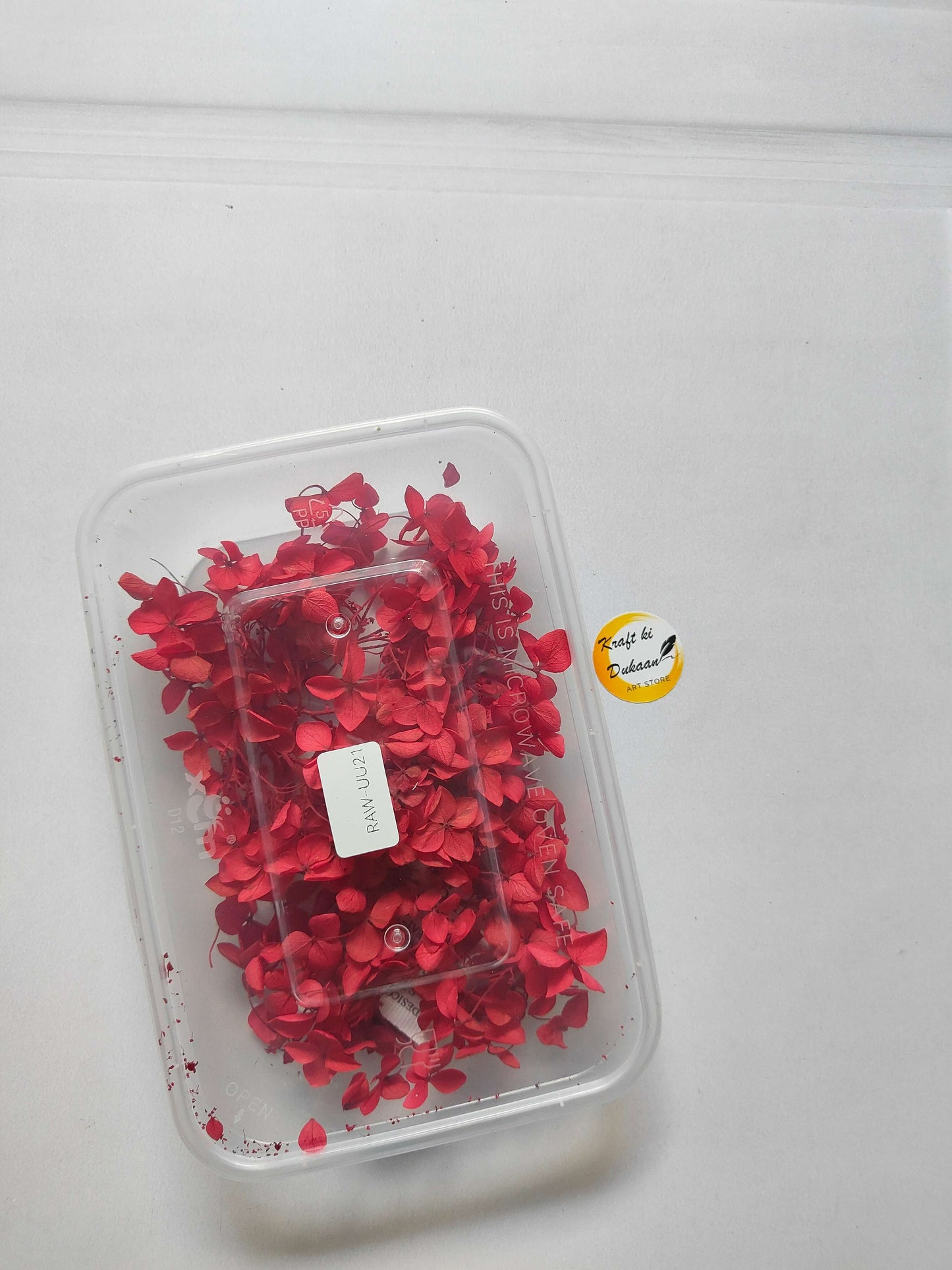 Hydrangea flower box with red hydrangea blooms, clear plastic container with tag