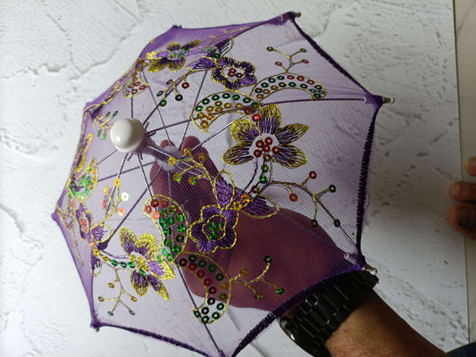Purple decorative umbrella with floral bead embroidery and mesh fabric