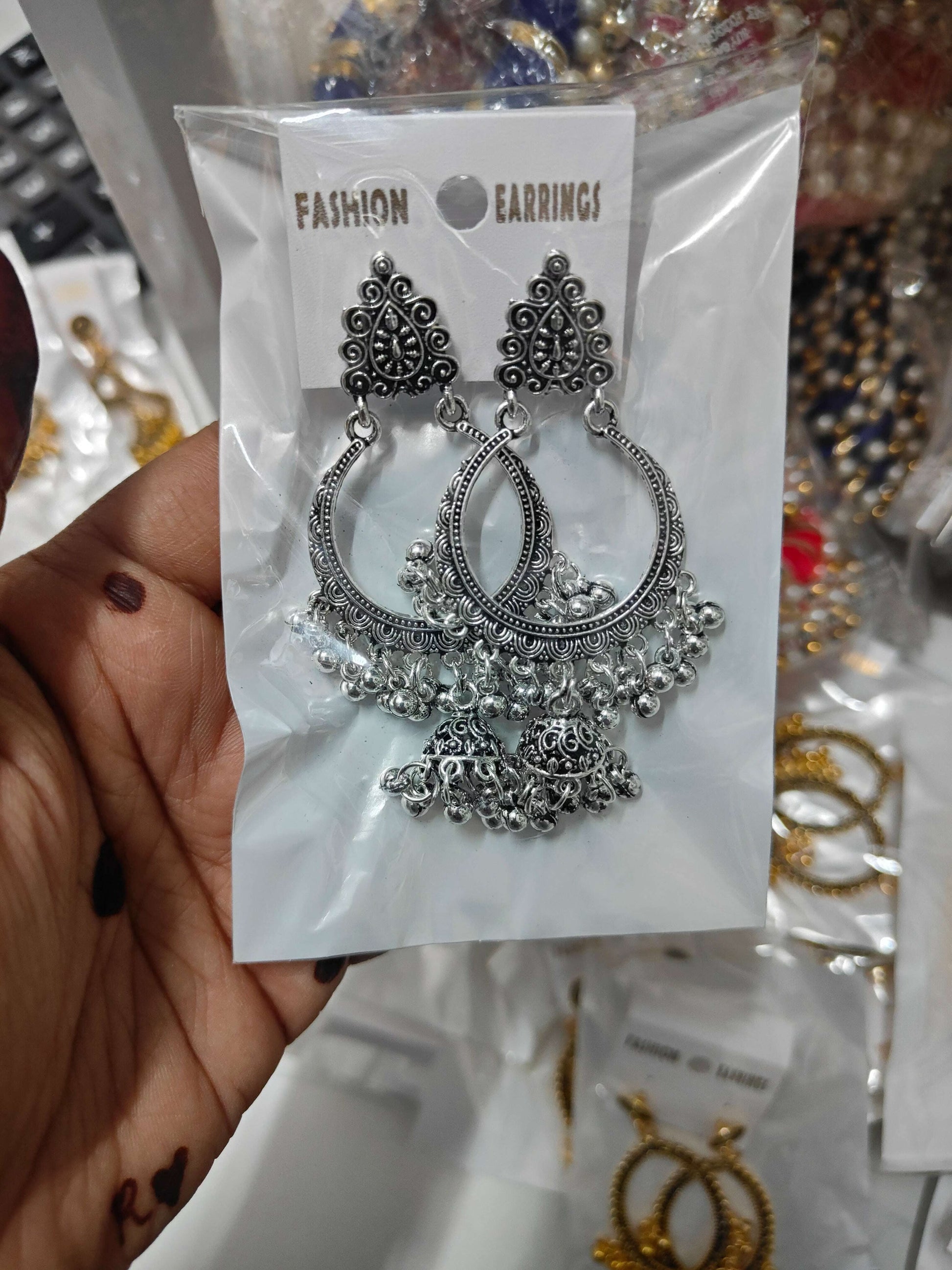 Kashmiri Silver Jhumka K2: silvery teardrop jhumka earrings with white drop and bead fringe.