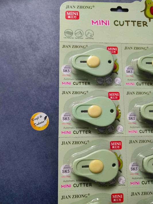 Avocado Mini Cutter in mint green blister package with yellow button