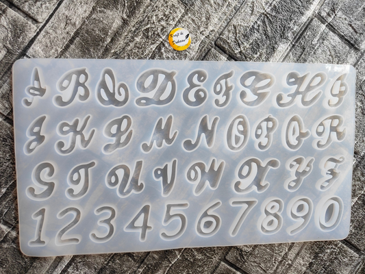Kraft ki Dukaan cursive alphabet mold for resin with letters A to Z and numbers 0 to 9 in script style