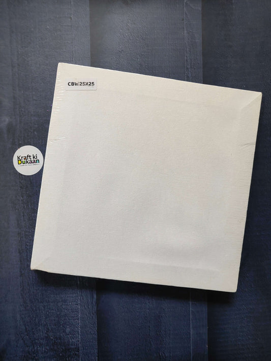 Square stretched canvas board with white canvas and frame edges, 25x25 cm