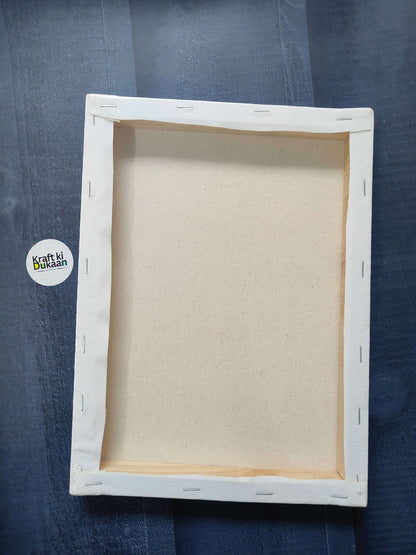 Rectangle stretched canvas board with white frame and visible beige backing, back view
