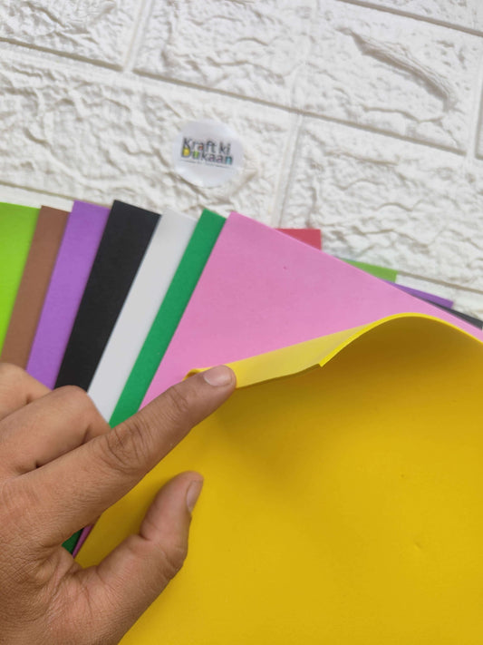 Hand flexing yellow A4 plain foam sheet; 10-pack multicolor backs