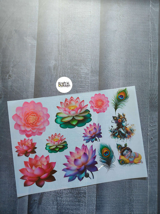 A4 insert sheet with colorful lotus, peacock and floral design prints