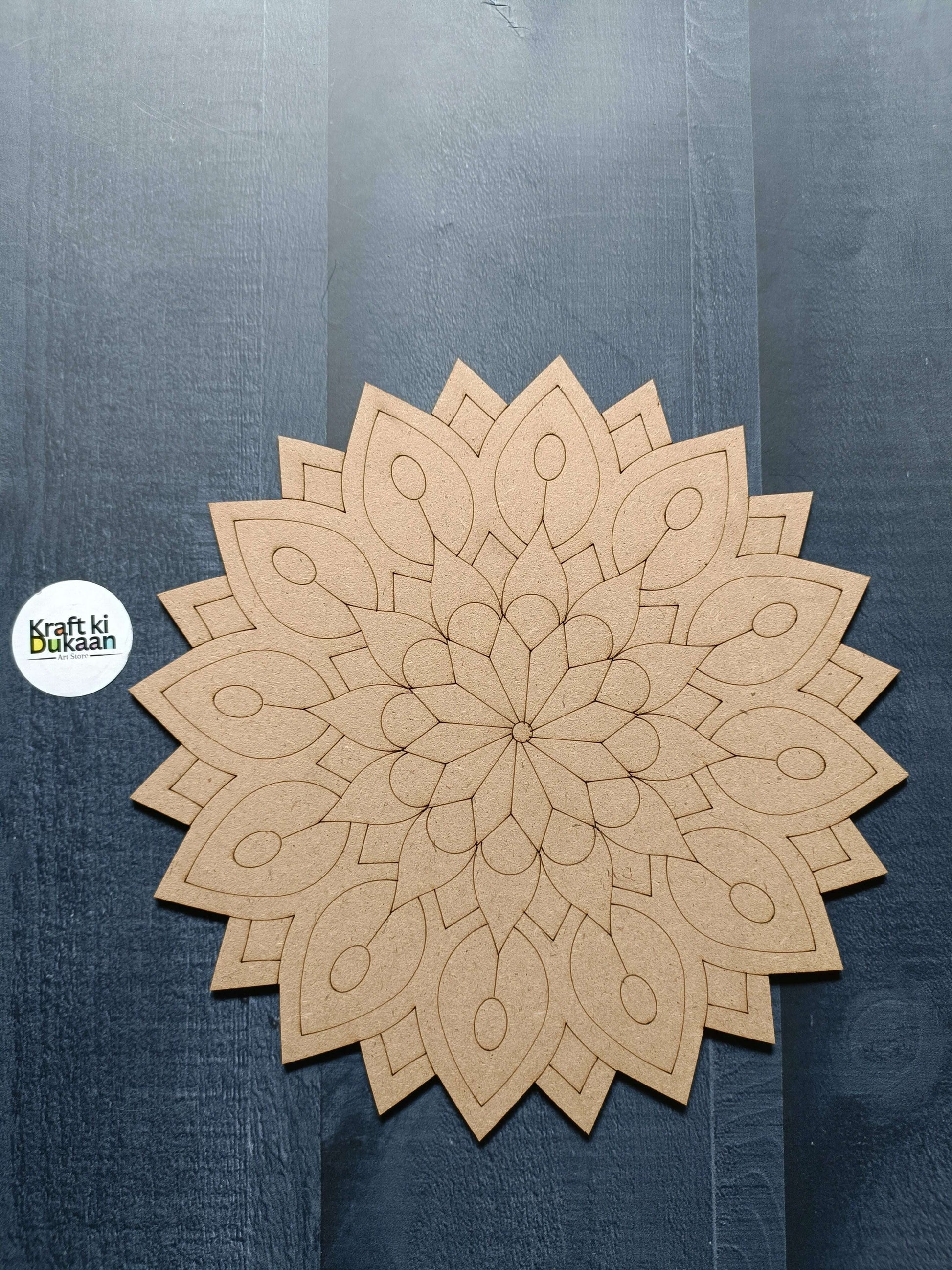 Engraved MDF A2 flower mandala: concentric layered petals with oval engravings