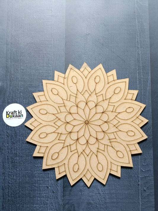 Engraved MDF A2 mandala wall decor in light wood with layered oval petal design
